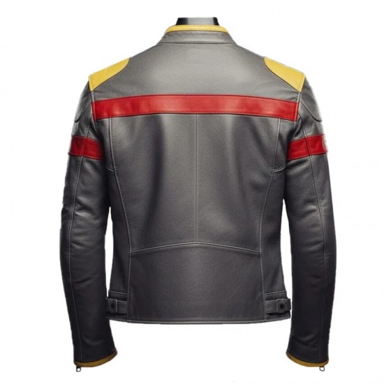 Men’s Red Yellow Striped Gray Leather Biker Jacket