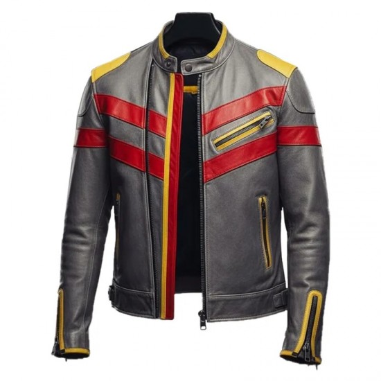 Men’s Red Yellow Striped Gray Leather Biker Jacket Men’s Red Yellow Striped Gray Leather Biker Jacket