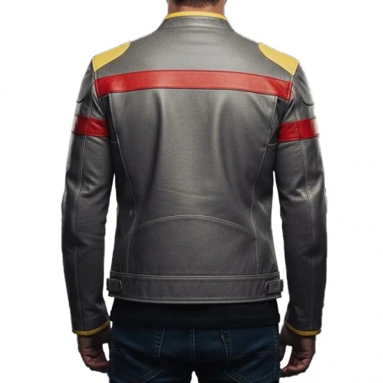 Men’s Red Yellow Striped Gray Leather Biker Jacket Men’s Red Yellow Striped Gray Leather Biker Jacket