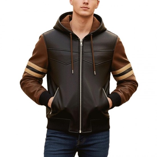 Men’s Striped Black and Brown Varsity Leather Jacket with Hood Men’s Striped Black and Brown Varsity Leather Jacket with Hood