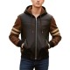 Men’s Striped Black and Brown Varsity Leather Jacket with Hood Men’s Striped Black and Brown Varsity Leather Jacket with Hood