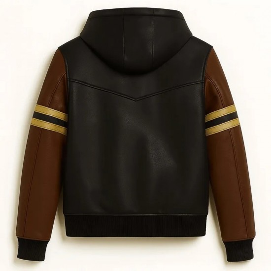Men’s Striped Black and Brown Varsity Leather Jacket with Hood