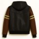 Men’s Striped Black and Brown Varsity Leather Jacket with Hood