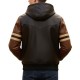 Men’s Striped Black and Brown Varsity Leather Jacket with Hood Men’s Striped Black and Brown Varsity Leather Jacket with Hood