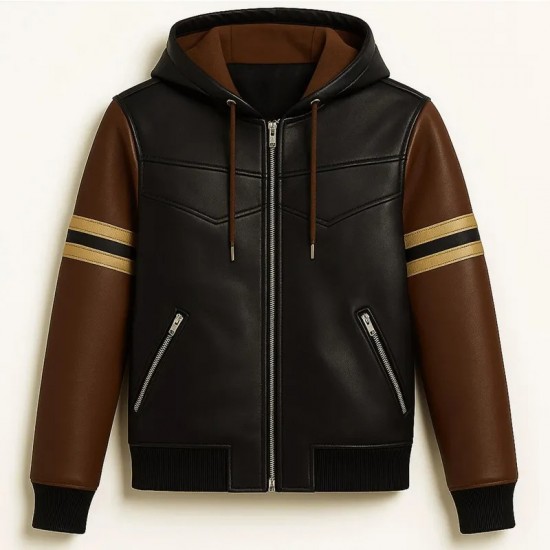 Men’s Striped Black and Brown Varsity Leather Jacket with Hood Men’s Striped Black and Brown Varsity Leather Jacket with Hood