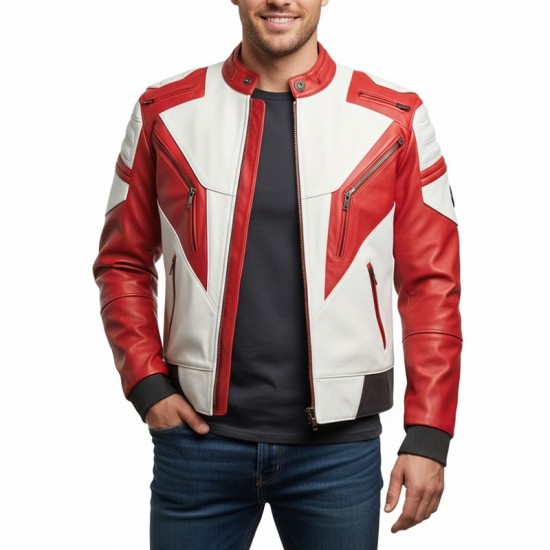 Men’s White and Red Street Racer Biker Leather Jacket