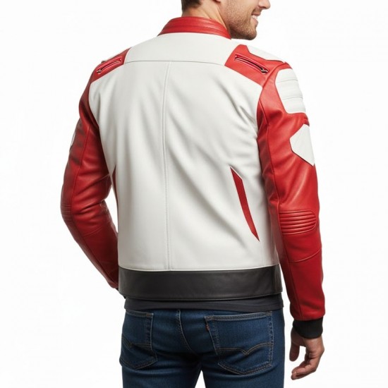 Men’s White and Red Street Racer Biker Leather Jacket