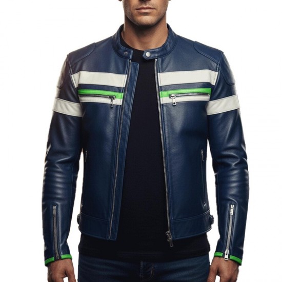 Men’s White Green Striped Blue Leather Biker Jacket