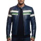 Men’s White Green Striped Blue Leather Biker Jacket