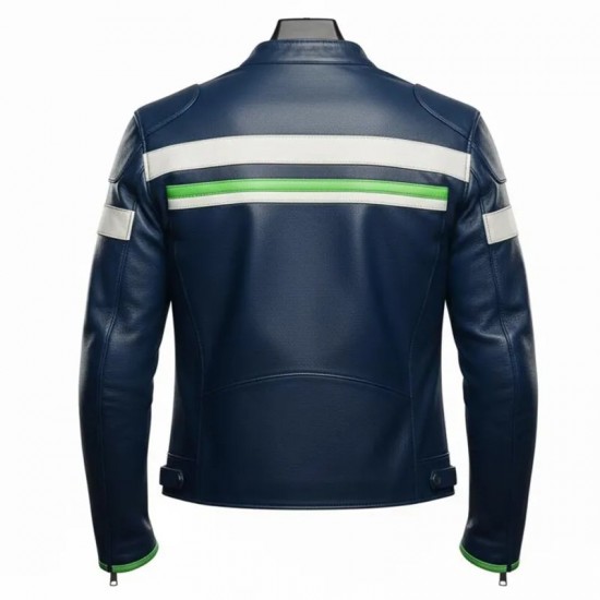 Men’s White Green Striped Blue Leather Biker Jacket