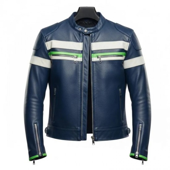 Men’s White Green Striped Blue Leather Biker Jacket