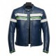 Men’s White Green Striped Blue Leather Biker Jacket