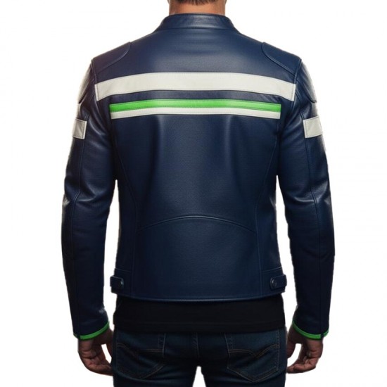 Men’s White Green Striped Blue Leather Biker Jacket