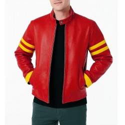 Men’s Yellow Striped Biker Red Leather Jacket