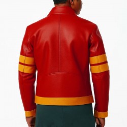 Men’s Yellow Striped Biker Red Leather Jacket