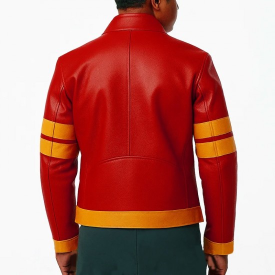 Men’s Yellow Striped Biker Red Leather Jacket
