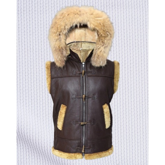 Mens Hooded B3 Aviator Fur Shearling RAF Leather Vest