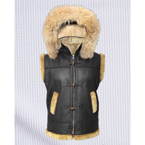 Mens Hooded B3 Aviator Fur Shearling RAF Leather Vest