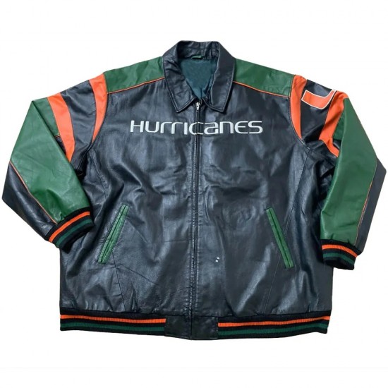 Miami Hurricanes Black and Green Full-Zip Leather Jacket Miami Hurricanes Black and Green Full-Zip Leather Jacket