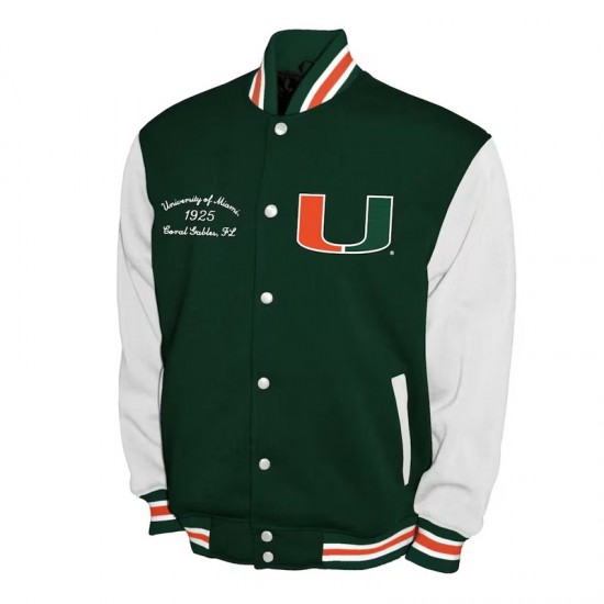Miami Hurricanes Fleece Green and White Varsity Jacket Miami Hurricanes Fleece Green and White Varsity Jacket
