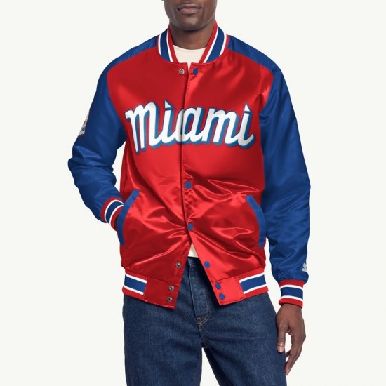 Miami Marlins Red and Blue Varsity Satin Jacket Miami Marlins Red and Blue Varsity Satin Jacket