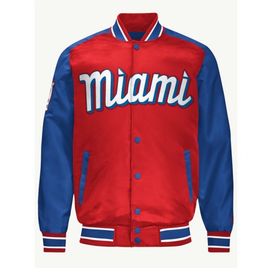 Miami Marlins Red and Blue Varsity Satin Jacket Miami Marlins Red and Blue Varsity Satin Jacket