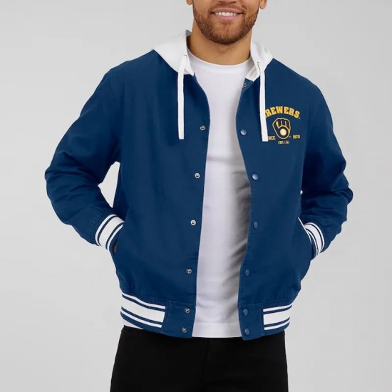 Milwaukee Brewers Navy Cotton Hooded Jacket Milwaukee Brewers Navy Cotton Hooded Jacket