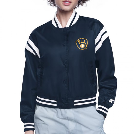 Milwaukee Brewers Printed Logo Varsity Satin Jacket Milwaukee Brewers Printed Logo Varsity Satin Jacket