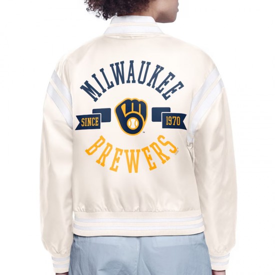 Milwaukee Brewers Printed Logo Varsity Satin Jacket Milwaukee Brewers Printed Logo Varsity Satin Jacket