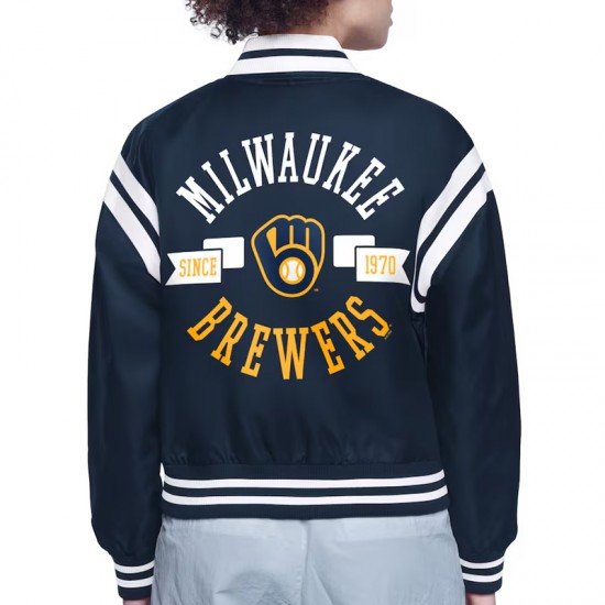 Milwaukee Brewers Printed Logo Varsity Satin Jacket Milwaukee Brewers Printed Logo Varsity Satin Jacket
