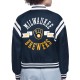 Milwaukee Brewers Printed Logo Varsity Satin Jacket Milwaukee Brewers Printed Logo Varsity Satin Jacket