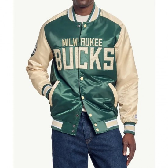 Milwaukee Bucks Green and Cream Varsity Satin Jacket Milwaukee Bucks Green and Cream Varsity Satin Jacket