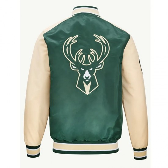 Milwaukee Bucks Green and Cream Varsity Satin Jacket Milwaukee Bucks Green and Cream Varsity Satin Jacket