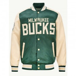 Milwaukee Bucks Green and Cream Varsity Satin Jacket Milwaukee Bucks Green and Cream Varsity Satin Jacket