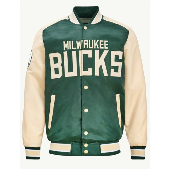 Milwaukee Bucks Green and Cream Varsity Satin Jacket Milwaukee Bucks Green and Cream Varsity Satin Jacket