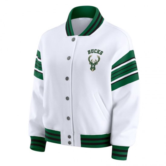 Milwaukee Bucks Snap Front White Fleece Jacket