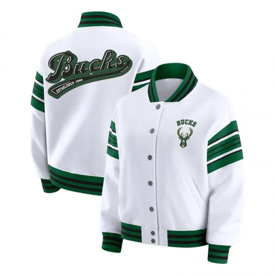 Milwaukee Bucks Snap Front White Fleece Jacket
