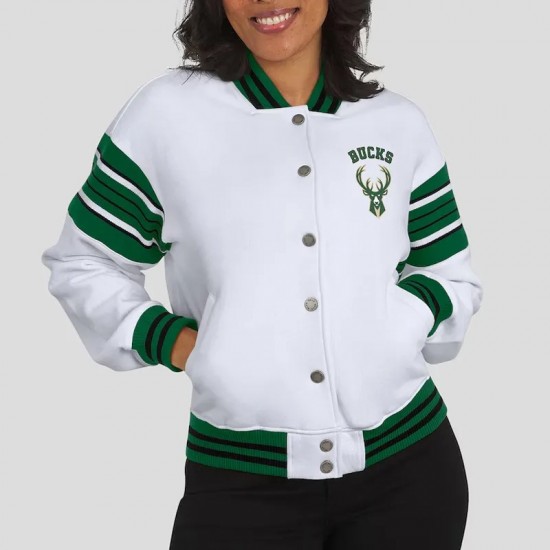 Milwaukee Bucks Snap Front White Fleece Jacket