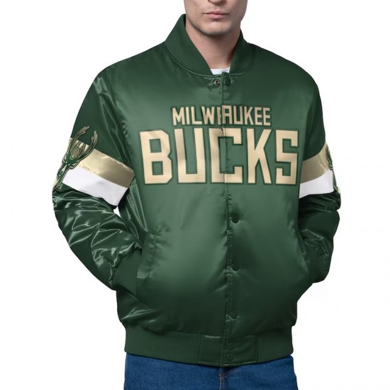 Milwaukee Bucks Triple Option Varsity Satin Jacket Milwaukee Bucks Triple Option Varsity Satin Jacket