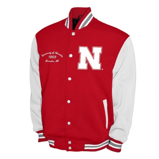 Nebraska Huskers Fleece Scarlet and White Varsity Jacket Nebraska Huskers Fleece Scarlet and White Varsity Jacket