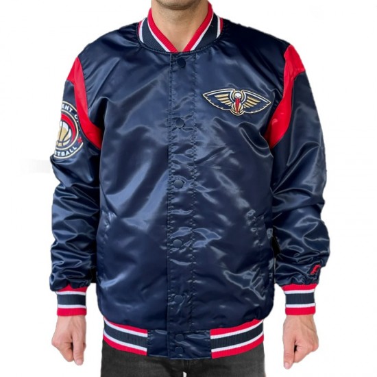 New Orleans Pelicans Navy Teddy Varsity Satin Jacket New Orleans Pelicans Navy Teddy Varsity Satin Jacket