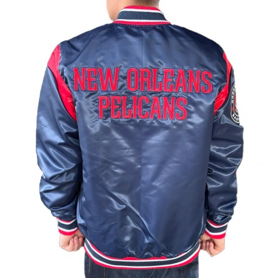 New Orleans Pelicans Navy Teddy Varsity Satin Jacket New Orleans Pelicans Navy Teddy Varsity Satin Jacket