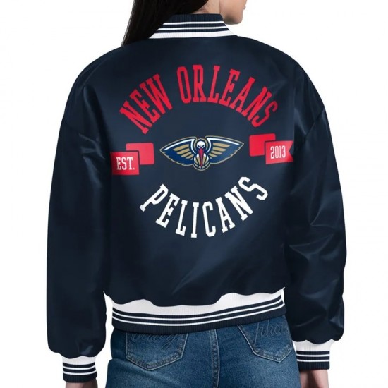 New Orleans Pelicans Printed Logo Navy Varsity Satin Jacket New Orleans Pelicans Printed Logo Navy Varsity Satin Jacket