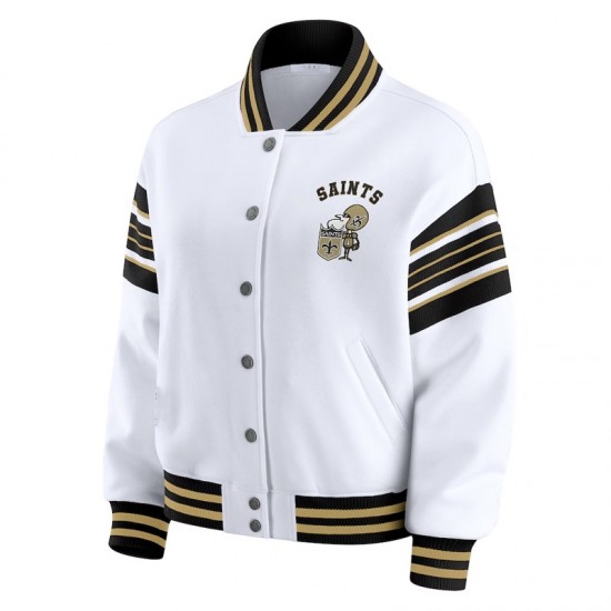 New Orleans Saints Snap Front White Fleece Jacket