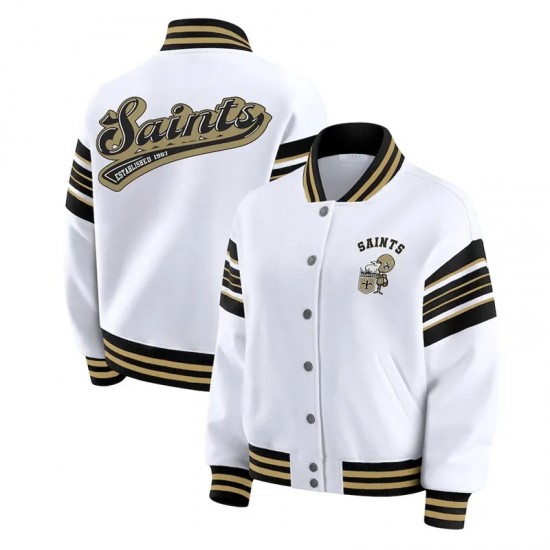 New Orleans Saints Snap Front White Fleece Jacket