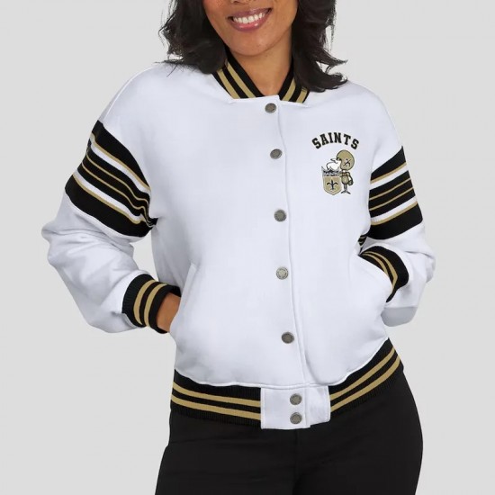 New Orleans Saints Snap Front White Fleece Jacket