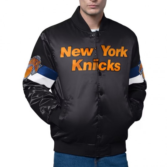 New York Knicks Triple Option Varsity Satin Jacket New York Knicks Triple Option Varsity Satin Jacket