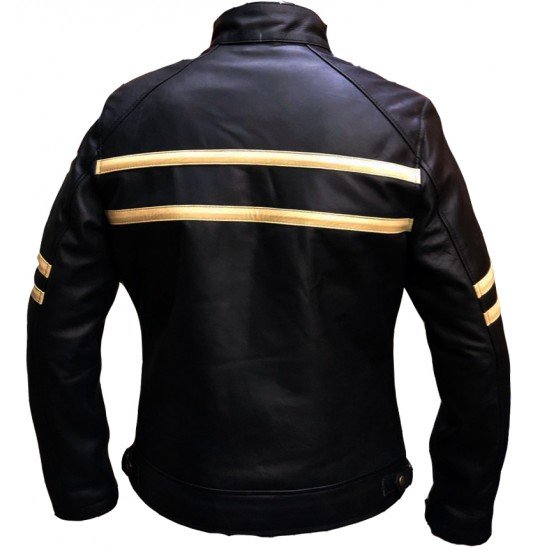 New Mens Cruise Cafe Racer Stripe Biker Leather Jacket