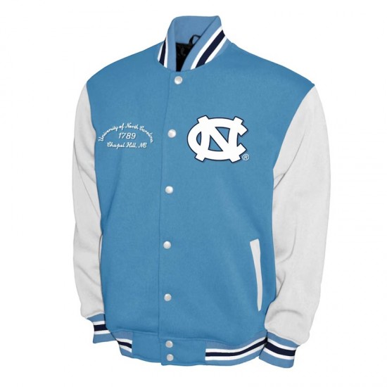 North Carolina Tar Heels Fleece Carolina Blue and White Varsity Jacket North Carolina Tar Heels Fleece Carolina Blue and White Varsity Jacket