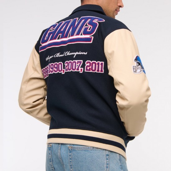 NY Giants Navy and Eggshell Varsity Bomber Jacket NY Giants Navy and Eggshell Varsity Bomber Jacket